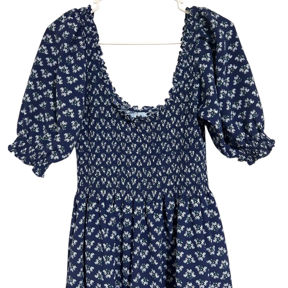 Hill House Home Louisa Nap Dress Navy Posy Blue Floral Puff Sleeve Midi Small - Picture 3 of 4